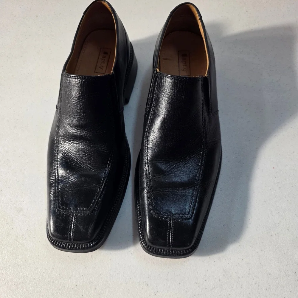Apt 9 Mens Black Leather Square Bicycle Toe Slip On Dress Loafers Shoes
